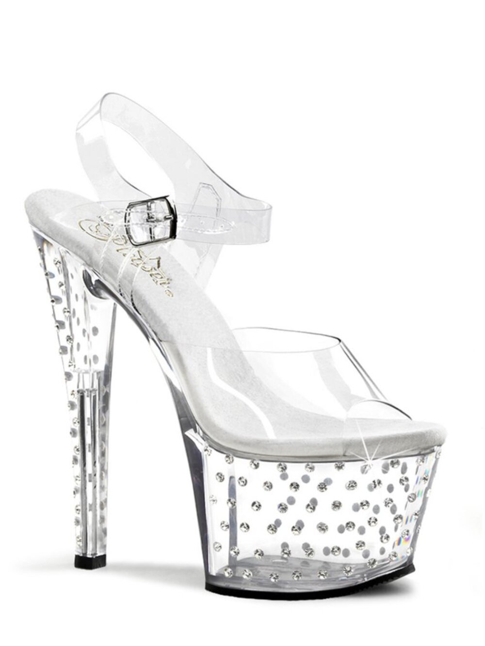 Pleaser Stardust 708 7" Heel 2 3/4" Rhinestone Clear Platform Ankle Sandal Heels
